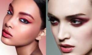 Immagine di due modelle truccate con diverse modalità e tonalità di marsala