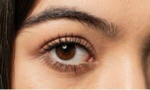 Primo piano di un occhi nocciola con ciglia intensificate dal mascara