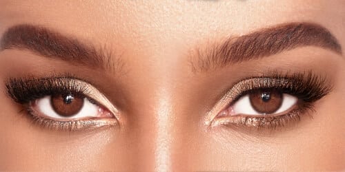 Una donna con trucco occhi marroni, con una sfumatura di ombretto marrone scuro e una linea di eyeliner marrone scuro che delinea l'occhio