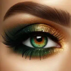 foto in primo piano di un occhio verde con trucco verde e oro
