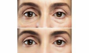 inquadratura occhi castani di una signora over 50 che mettono in evidenza il prima e il dopo di un trucco semplice