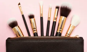 vari tipi di pennelli da trucco escono da una pochette