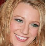 foto in primo piano di Blake Lively con un trucco occhi leggero verde e oro